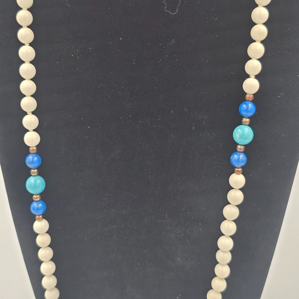 Vintage Beaded Necklace Turquoise Lapis Lazuli Natural White Hetian Nephrite - Picture 4 of 12